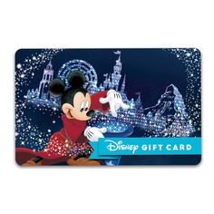 a mickey mouse gift card with the disney castle in the background and lights on it