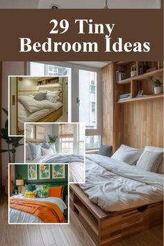 a collage of photos with the words 29 tiny bedroom ideas on it's side