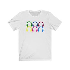 This fun, multicolored headphones design is made for music lovers. Available in 4 colors and sizes S-3XL, this classic unisex T-shirt is a well-loved favorite for all. About the fit: The unisex tee has a ribbed knit collar to bolster shaping, and taping on the shoulders for a better fit over time. Dual side seams hold the garment's shape for longer. .: 100% Airlume combed and ringspun cotton .: Light fabric (4.2 oz/yd² (142 g/m²)) .: Retail fit .: Tear away label .: Runs true to size - please al Headphones Design, Music Lovers, Cotton T Shirt, Light Fabric, Unisex T Shirt, Ribbed Knit, Short Sleeve Tee, Print Quality, Cotton Tshirt