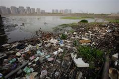 a river filled with lots of trash next to tall buildings and grass in the foreground