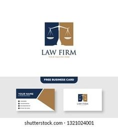 law firm logo and business card design with scale scales on the top, blue background