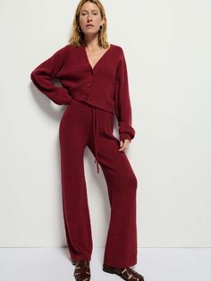 You'll be living in these cozy ribbed pants featuring a waist tie, back patch pockets, and a straight-leg silhouette. Stylist tip: Try them with the Bo Cardigan. (This one comes in Danish Red.) | Women's Rachelle Pant in Danish Red | Ethical Essentials Ribbed Pants, Transitional Dressing, Summer Stripes, Christmas Style, Short Jumpsuit, Back Patch, New Tops, Sweater And Shorts, Tie Back