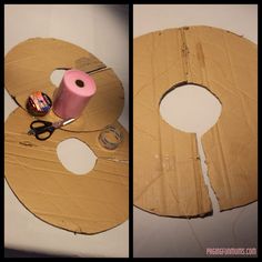 two pictures showing the process of making a paper mache out of cardboard and tape