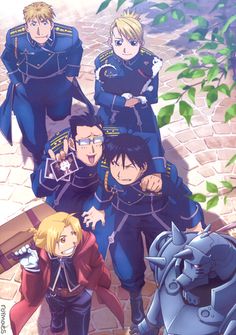 an anime movie poster with the characters in blue uniforms and one man standing next to another