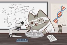 a cartoon cat is looking through a microscope at something on the table next to it