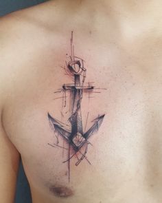 a man's chest with an anchor tattoo on it, and watercolors