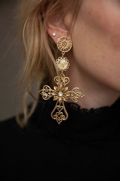 Baroque Aesthetics | Cross Earrings | Long Statement Cross Earrings | Handmade Exclusive Designer Jewelry | Italian bijoux | Victorian style ∙ light weight (5 grams) ∙ each pair is unique and limited edition  ∙ earrings come in a gift box ∙ earring's closure - hook or other type, please ask for different option  These light earrings are Hand made in Italy from high quality hypoallergenic materials. They are applicable to casual and solemn occasions. * Please feel free to contact me with any question - I am happy to help Haute Couture Earrings, Earrings Cross, Italian Earrings, Statement Jewellery, Victorian Earrings, Baroque Jewelry, Italian Gold Jewelry, Long Statement Earrings, European Jewelry