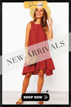 Printed Ruffled Women's Dress Red Ruffled Sleeveless Dress For Spring, Summer Knee-length Ruffle Dress, Knee-length Sleeveless Dress With Ruffles For Day Out, Knee-length Sleeveless Ruffle Dress For Day Out, Knee-length Polka Dot Dress With Ruffles, Red Sleeveless Ruffle Dress For Summer, Knee-length Ruffled Sleeveless Dress For Brunch, Knee-length Sleeveless Ruffle Dress For Brunch, Sleeveless Red Ruffle Dress For Summer