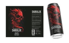 the back and side of a can of skrillx beer with an image of a skull on it