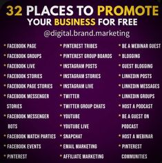 the 32 places to promote your business for free on social media and facebook marketing via @ digital brand marketing