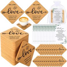 cork coasters with love written on them and coffee cup next to eachother