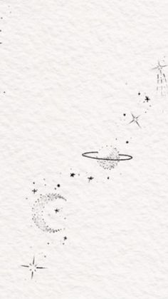 an ink drawing of stars and planets in the sky, with one flying through the air