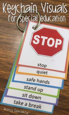 a keychain with the words stop written on it and an image of a red stop sign