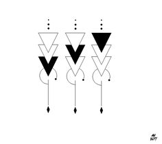 three black and white geometric shapes on a white background, with arrows in the middle