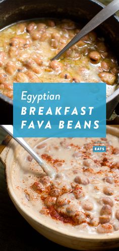 egyptian breakfast fava beans in a skillet with a blue sign over the top