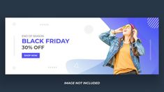 a black friday sale banner with a woman wearing headphones and looking up to the sky