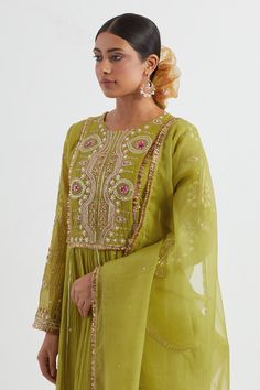 Green anarkali featuring hand embroidered yoke with gota detailing. Paired with a pant and a dupatta. - Aza Fashions Festive Pista Green Salwar Kameez With Dori Work, Semi-stitched Chanderi Anarkali Set With Zari Work, Semi-stitched Dola Silk Anarkali Set With Dori Work, Semi-stitched Straight Kurta Anarkali Set With Dori Work, Designer Pista Green Salwar Kameez With Zari Work, Pista Green Chanderi Churidar With Dupatta, Anarkali Sharara With Dori Work In Georgette, Pista Green Salwar Kameez With Dori Work For Festivals, Festive Dola Silk Anarkali Set With Dori Work