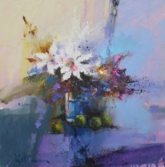 a painting of flowers in a blue vase