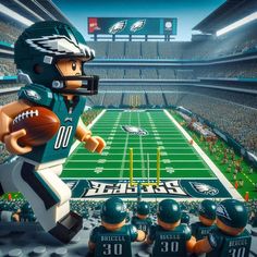 a lego football player is in the middle of a stadium with his team on it