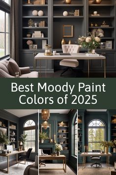 the best moody paint colors of 2020 for your home office or study room in shades of blue, green and gold