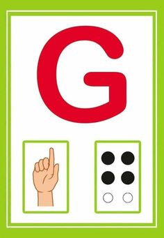 a green and white sign with the letter g on it's left hand pointing at two black dots