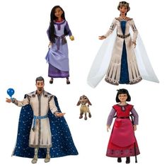 three dolls are shown in different outfits