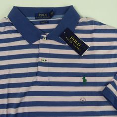 Polo Ralph Lauren Shirt Striped Design Ribbed Collar, Short Sleeve Shirt Jersey Cotton Fabric Polo Pony Embroidery 2 Button Placket Uneven, Vented Hem Classic Fit Approx Chest Across Front: 27” Length From Top Of Collar In Back To Bottom: 35” Brand New With Tags Pricing Is Fair And Quite Firm For A High End Item . Please Let Us Know If You Have Any Questions. Striped Shirt With Polo Collar For Spring, Blue Long-sleeve Polo Shirt For Summer, Blue Long Sleeve Polo Shirt For Summer, Long Sleeve Blue Polo Shirt For Spring, Blue Long Sleeve Polo Shirt For Spring, Casual Pink Polo Shirt For Spring, Pink Polo Collar Top For Summer, Mens Rugby Shirts, Pony Embroidery