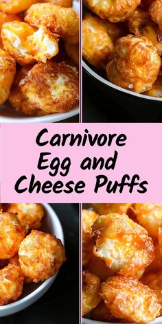 three pictures of carrots and cheese puffs in a bowl with the words canmore egg and cheese puffs