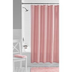 a pink shower curtain in a bathroom with white tile flooring and walls, along with a rug on the floor