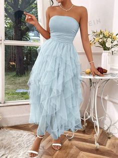 SHEIN USA Cheap Light Blue Dress With Ruffles, Cheap Light Blue Ruffled Dresses, Light Blue Dress With Sweetheart Neckline And Ruffles, Light Blue Sleeveless Ruffled Dress, Light Blue Strapless Ruffled Dress, Blue Strapless Dress, Women's Dresses, Wedding Reception Dress, Women Midi