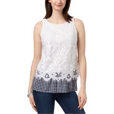 Nwt Charter Club Gingham Hem Lace Sleeveless Top L Charter Club's Mixed-Media Sleeveless Top Blends Lace And Gingham In A Delightful Design That Will Fit Seamlessly Into Any Wardrobe. It Features A Crew Neckline, Half-Zip Back Closure And Contrasting Gingham Detail At Hem. Gorgeous! New. With. Tag. Spring Gingham Sleeveless Top, Sleeveless Gingham Top For Spring, Sleeveless Gingham Tank Top For Spring, Chic Sleeveless Plaid Top, Sleeveless Plaid Tank Top For Summer, Plaid Sleeveless Tank Top For Spring, Sleeveless Plaid Top For Spring, Casual Gingham Tank Top For Spring, Summer Plaid Tank Top