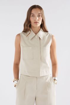 Noorden Twill Collared Button Up Sleeveless Vest Model Front | MOONSTONE Exaggerated Collar, Vest Blouse, Garment Factory, Soil Health, Plant Fibres, Summer 24, Natural Plant, Beautiful Textures, Sleeveless Vest