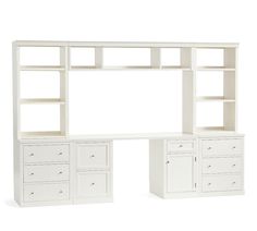 a white bookcase with drawers and cabinets on it's sides, against a white background