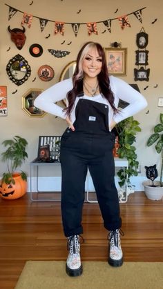 white vneck long sleeve from walmart, black overalls from vans, boots doc martens Overalls Outfit With Doc Martens, Platform Vans Outfit Spring, Alternative Overall Outfit, Vans Overalls Outfit, Plus Size Alt Fashion Winter, How To Style Doc Martens Winter, Alt Fashion Winter, Midsize Alt Fashion, Vans Overalls