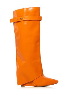 Introducing the MELINA ORANGE WEDGE BOOT, a fashion-forward, knee-high boot crafted from orange faux leather. With its pointed toe and stylish fold over silhouette, these statement boots will add sophisticated flair to any ensemble. Timelessly chic and undeniably desirable, this boot is the perfect companion for any trendsetter. Aw Logo, Orange Boots, Platform Combat Boots, Orange Wedges, Orange Outfit, Azalea Wang, Funky Shoes, Stuck On You, Cheap Womens Clothing