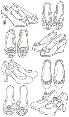 an image of various shoes and heels drawn in pencil on white paper with black ink