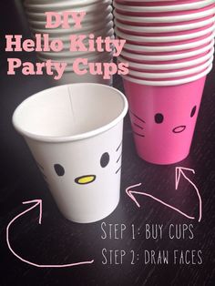 an image of diy hello kitty party cups with instructions to make them look like they are