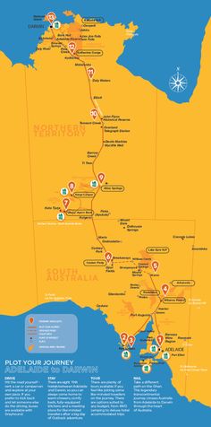 a large map with all the major roads and locations in australia, including destinations to see