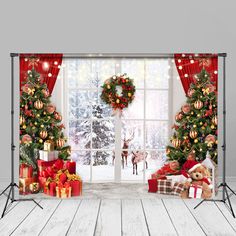 christmas tree and presents in front of a window with red curtains, lights and wreaths