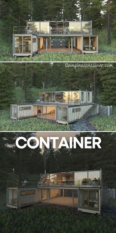 three different views of a house in the woods, with trees and grass around it