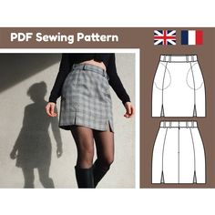 a woman's skirt sewing pattern with the silhouette of a person wearing black boots