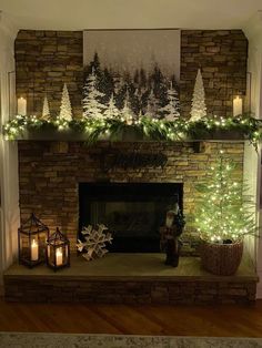 a fireplace decorated with christmas lights and decorations