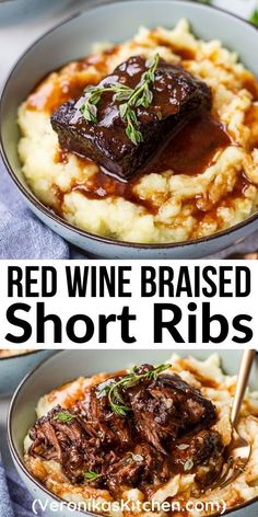 Braised short rib over mashed potatoes in a blue bowl.