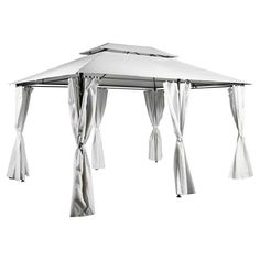 a white gazebo with curtains hanging from it's sides on a white background