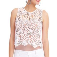 White Lace Style Crop Top! Great To Wear Over A Bikini Or Bandeau! Chic White Crochet Top For Summer, Chic Summer Party Crochet Top, White Crochet Top For Spring Party, Trendy Spring Party Crochet Top, White Party Top For Beach Season, White Casual Tank Top For Party, Casual White Tank Top For Party, White Crop Top Tank Top For Beach, White Crop Tank Top For Beach