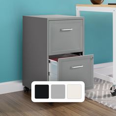 a gray filing cabinet with two drawers in front of a blue wall and white rug on the floor