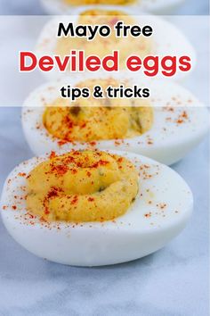 Text: "mayo free deviled eggs tips and tricks" and photo of no mayo deviled eggs in the background No Mayo Deviled Eggs, Deviled Eggs No Mayo, Mayo Alternative, Easter Party Food, Easter Dinner, How To Cook Eggs, Deviled Eggs, Easter Party, Easter Recipes