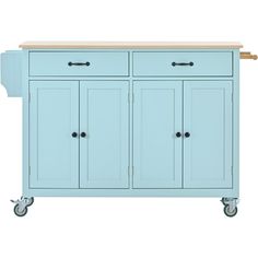 a blue kitchen island with two drawers on wheels