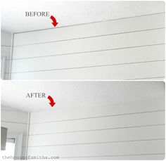 before and after photo of white painted walls with red arrows pointing to the left side