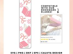 a pink bookmark with flowers and bows on it is next to a white background